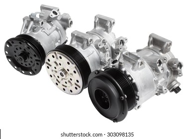 Three different air conditioning compressor for different car engines, isolated on white background