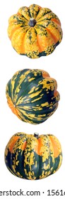 three different angle view of on tiger pumpkin isolated on white