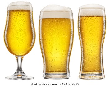 Three different beer glasses types of chilled light beer with beer on white background. Clipping paths. - Powered by Shutterstock