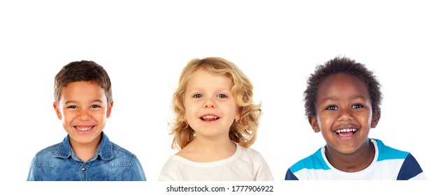 Three Different Children Together Isolated On A White Background