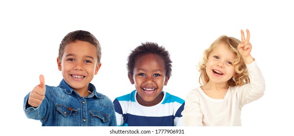 Three Different Children Together Isolated On A White Background