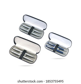 Three Different Colors Pencil Box. Two Gift Pens In Classy, Opened Plastic Pencil Box Isolated On A White Background. Plastic Box Packaging For Promotional Branding. 