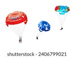 Three different images of skydivers on colorful parachutes isolated on a white background