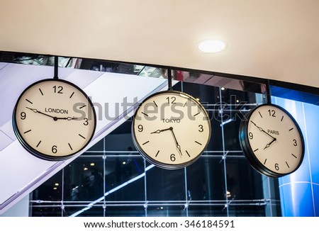 Three different international hanging wall clock, London, Tokyo, Paris