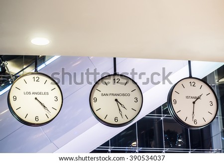Three different international hanging wall clock, Los Angeles, San Francisco, Istanbul