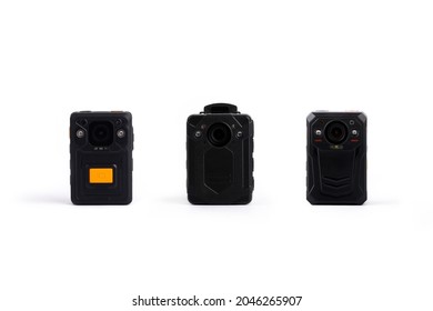 Three Different Kinds Of Officer Body Cam. Personal Wearable Video Recorders, Portable DVR, Camera Isolated On White Background. Closeup, Front View.