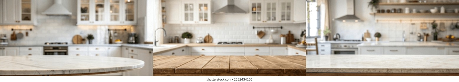 Three different kitchen scenes are shown, each with a different style and layout. The first kitchen has a large island with a marble top and a sink, while the second kitchen has a wooden countertop