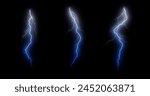 Three Different lightning bolts isolating on black. lightning effects and lighting thunderstorm. Some different lightning bolts