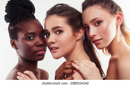 three different nation woman: african-american, caucasian together isolated on white background happy smiling, diverse type on skin, lifestyle real people concept - Shutterstock ID 2080524160