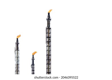 Three different oil and gas torches of oil refining equipment isolated on a white background.