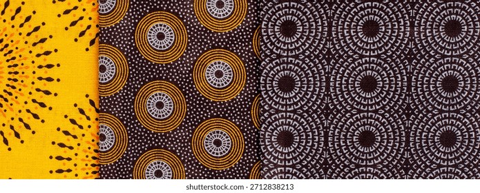 Three different patterns of fabric are shown, they are patterns of Iconic South African Shwe Shwe fabric. Scene is one of variety and contrast