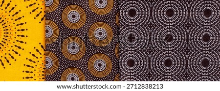 Three different patterns of fabric are shown, they are patterns of Iconic South African Shwe Shwe fabric. Scene is one of variety and contrast