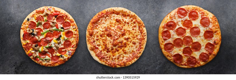 three different pizzas in panoramic composition