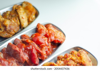 Three Different Set Of The Chicken Wings With Sriracha Glaze, Caribbean Marinade And Chinese Glaze, Meals World Cuisine Prepared To Cook