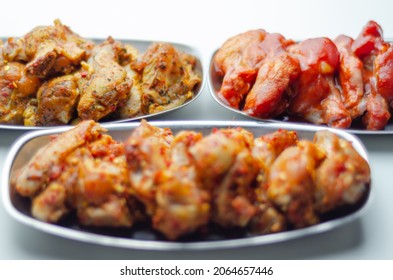 Three Different Set Of The Chicken Wings With Sriracha Glaze, Caribbean Marinade And Chinese Glaze, Meals World Cuisine Prepared To Cook