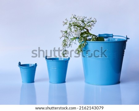 Three different size metallic blue buckets with white Lilac. Can be used for interior or exterior decor. Gardening