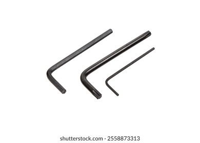 Three different sizes of L-shaped hex keys, also known as Allen wrenches, are displayed against a white background, commonly used for driving bolts and screws with hexagonal sockets.