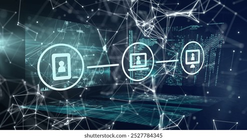 Three digital icons with user profiles connecting over network. Lines and nodes representing data exchanges on a blue background - Powered by Shutterstock - Get 15% off with code: PIKWIZARD15