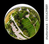 A three dimensional panoramic view of the medieval greystone Church of St. Mary in Hollola, Finland in a mini planet panorama style.