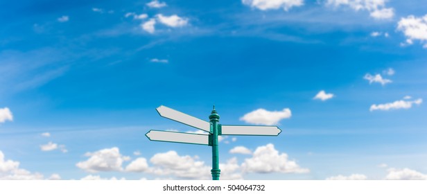 Three Direction Blank Road Sign On Blurry Blue Sky And White Clouds Panorama Background, Center Position