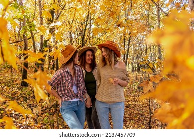 Three diverse female friends in cowboy hats are standing in the autumn forest. Female friendship. Outdoors. Cheerful person.