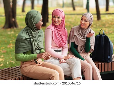 Three Diverse Muslim Ladies In Hijab Talking Enjoying Conversation And Autumn Day Sitting On Bench In City Park. Modern Islamic Female Students Spending Time Chatting Outdoors