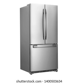 Трехдверный холодильник с едой, изолированной на белом фоне. Вид сбоку на встречную глубину из нержавеющей стали, бок о бок, трехдверный холодильник с морозильной камерой с французской дверью. Кухня и крупная бытовая техника