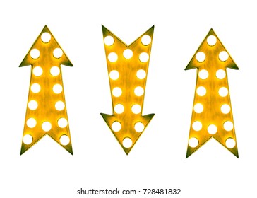 Three up and down yellow vintage bright and colorful illuminated display arrow signs with light bulbs against a white background