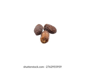 Three dried dates isolated on White background.