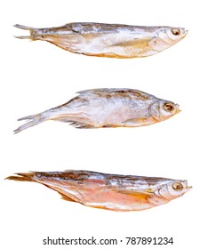 Three Dried Fish Osmeridae Isolated On White Background