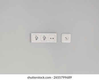 Three electrical outlets are aligned on a soft gray wall, featuring two round sockets and one rectangular network outlet, creating a clean and modern appearance in the space