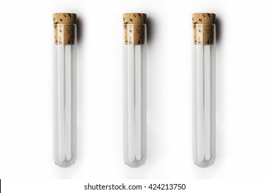 Three Empty Glass Transparent Test Tube Closed With Cork On White Background