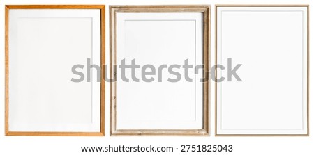 Three empty picture frames in various wood finishes: light oak, rustic brown, and elegant gold. Each frame has a white mat, ready for artwork or photos.