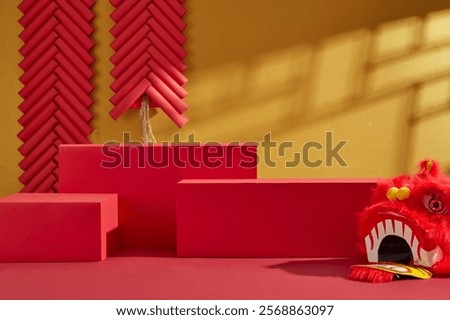 Three empty red platforms for product displays, decorated by a red lion dancing head, a paper fan, and strings of red firecrackers on a golden backdrop. Advertising photo with Chinese New Year theme.