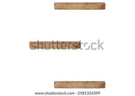 Three empty simple small minimalist wooden shelves is isolated with copy space.Shelves made of natural wood with visible grain patterns.
