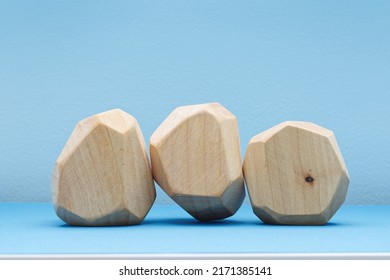 Three Empty Wooden Blocks On Blue Background. Blank Wood Blocks Mockup.