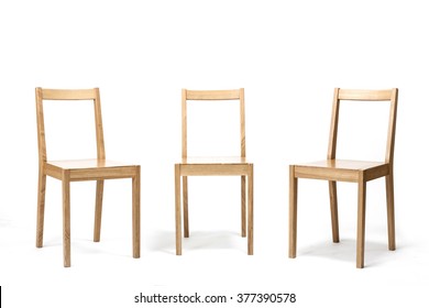 Three Empty(blank, Vacant, Hollow) Square Wood Chair For Dining, Office, Living With No People Isolated White At The Studio.