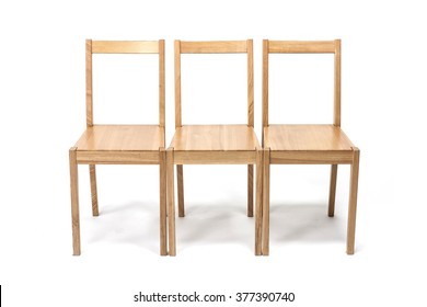 Three Empty(blank, Vacant, Hollow) Square Wood Chair For Dining, Office, Living With No People Isolated White At The Studio.