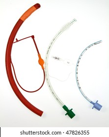 Three endotracheal tubes which are passed through larynx into the windpipe, using a laryngoscope , during an anaesthetic to maintain an airway and supply oxygen and inhaled anaesthetic.