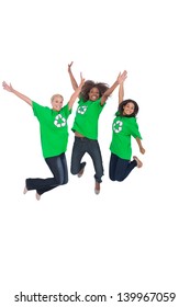 Three Enviromental Activists Jumping And Smiling On White Background