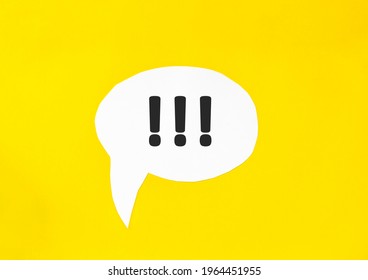 three exclamation marksspeech bubble isolated on the yellow background. Business concept