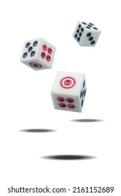 Three Falling White Casino Dice On White Background. Close Up. Gambling Concept.