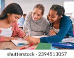 Three Female Secondary Or High School Students Collaborating In Study Area