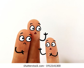 Three Fingers Are Decorated As Three Person. Parents Are Punishing The Child.