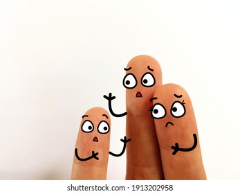 Three Fingers Are Decorated As Three Person. Parents Are Punishing The Child.