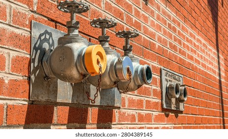 Three fire hydrants are mounted on a brick wall in a city setting. Sunlight shines on the hydrants, showing their metallic surfaces and colors clearly.