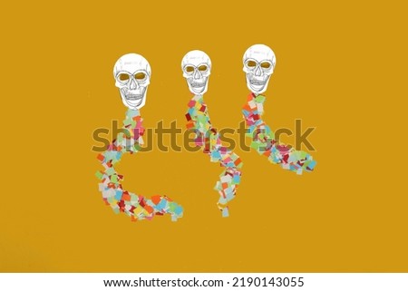 three flying art creatures, colorful abstract body and skull head creative art design on yellow background