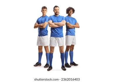 Three football players in blue jerseys posing isolated on white background - Powered by Shutterstock