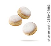 Three fresh baked donut icing sugar powder flying falling isolated on white background. Sweet doughnut closeup. Berliner donuts. Pastry card.