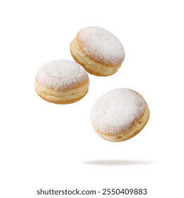 Three fresh baked donut icing sugar powder flying falling isolated on white background. Sweet doughnut closeup. Berliner donuts. Pastry card.